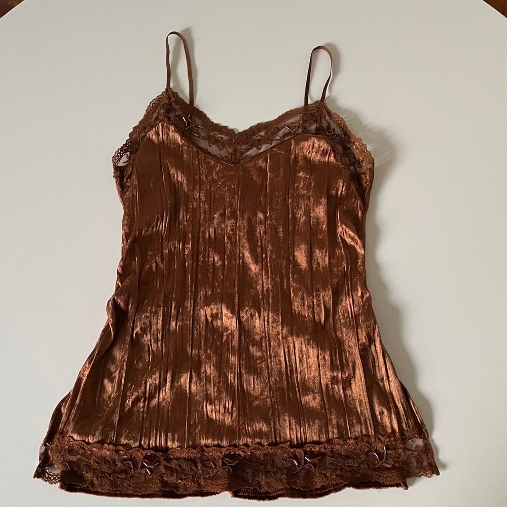 Y2K Camisole Lace Trim Crinkle Velvet Cami Top Boho